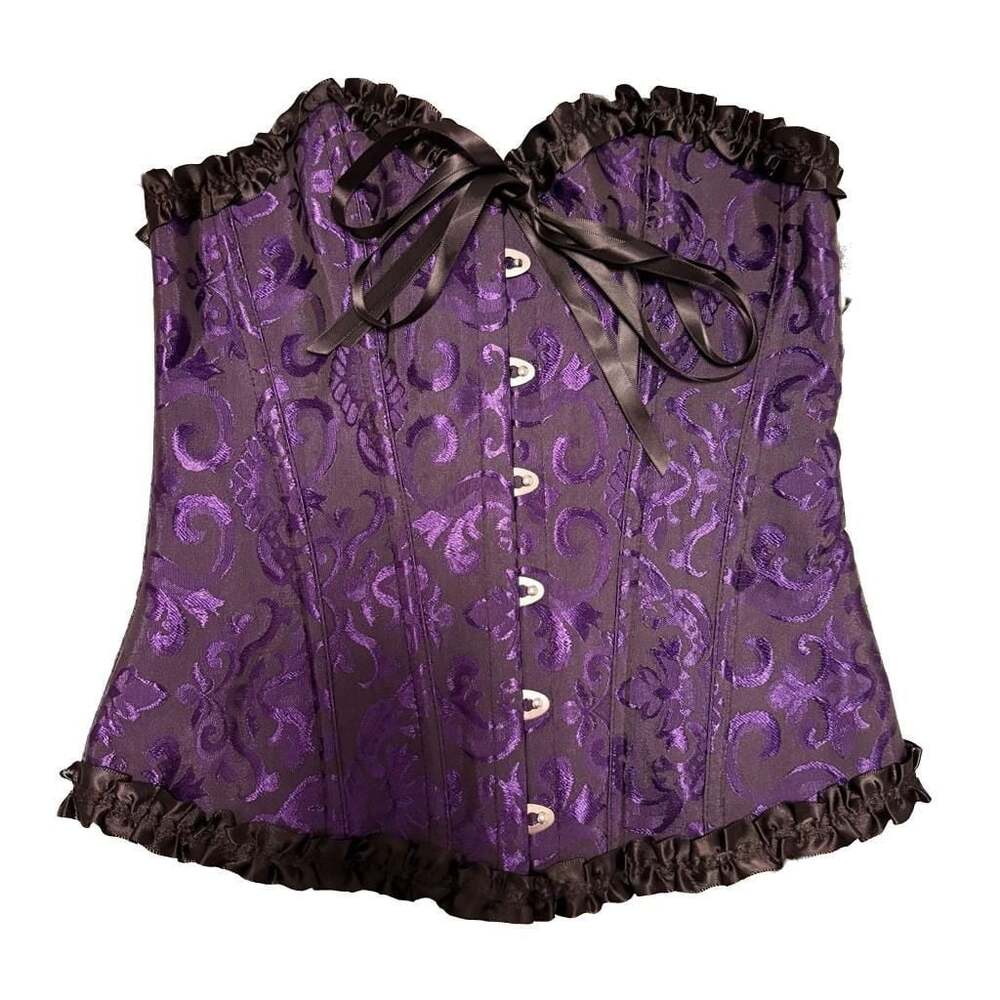 Purple Black Brocade Corset Steel Boned Gothic Ren Faire Dark Fairy Vamp SM
